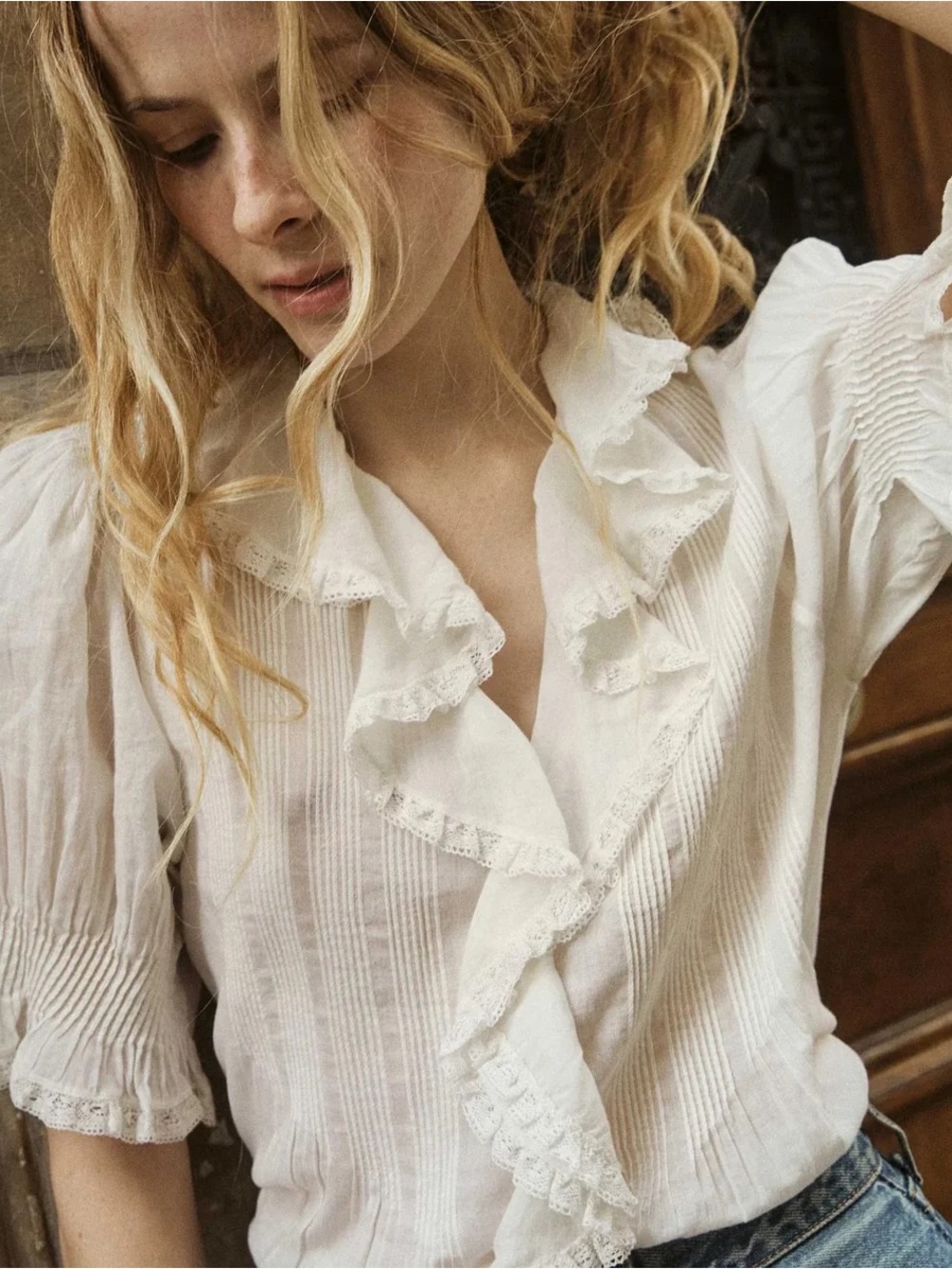 Doen Cream Ruffle-Trim Victorian Blouse